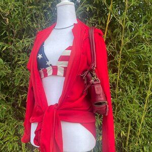 Red silk button up top